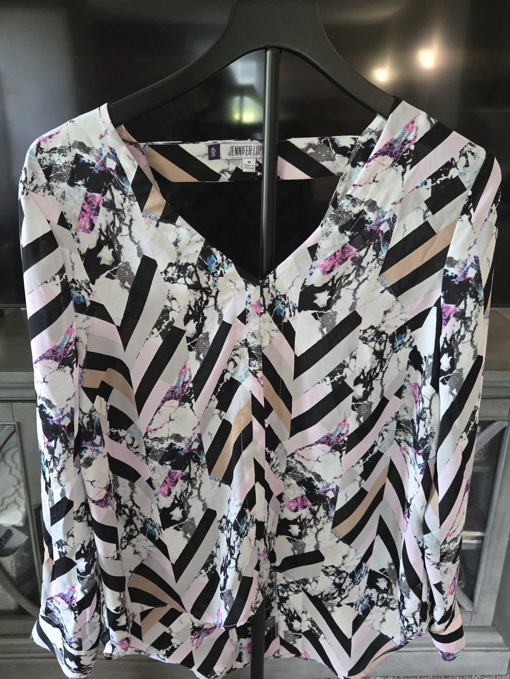 Jennifer Lopez Black, White & Teal Abstract Print Blouse